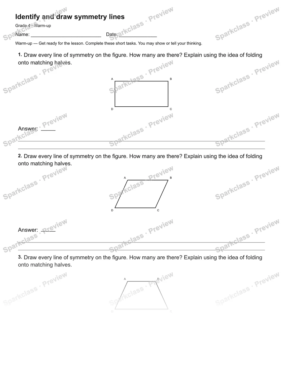 Identify and draw symmetry lines — Warm-up — page 1