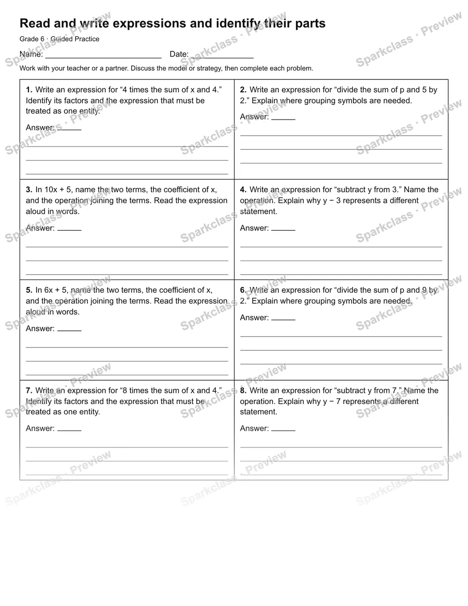 Read and write expressions and identify their parts — Guided Practice — page 1