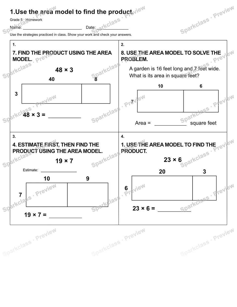 1.Use the area model to find the product. — Homework — page 1