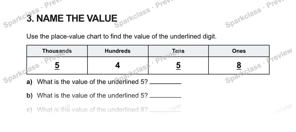 3. NAME THE VALUE Use the place-value chart to find the value of the underlined digit. Thousands Hundreds Tens Ones 5 4 5 8 a) What is the value of the underlined 5? b) What is the — page 1