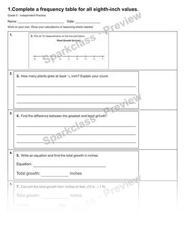 1.Complete a frequency table for all eighth-inch values. — Independent Practice — Grade 5 worksheet preview