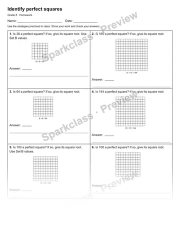 Identify perfect squares — Homework — Grade 8 worksheet preview