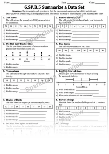 Summarize a Data Set — Grade 6 worksheet preview