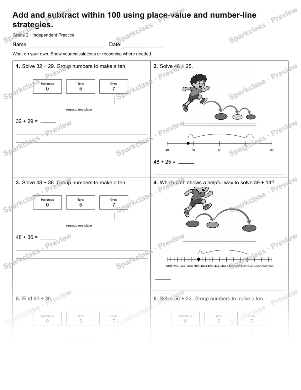 Add and subtract within 100 using place-value and number-line strategies. — Independent Practice — page 1