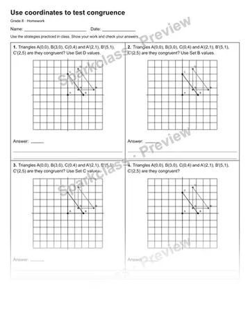 Use coordinates to test congruence — Homework — Grade 8 worksheet preview