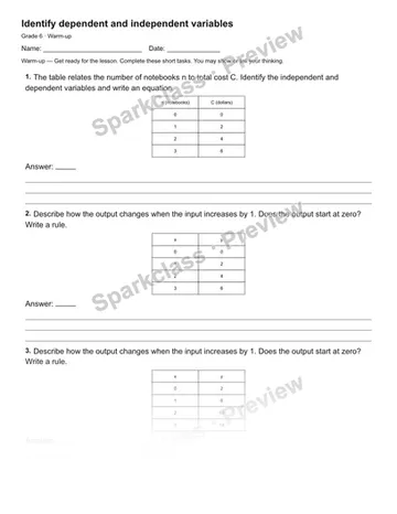 Identify dependent and independent variables — Warm-up — Grade 6 worksheet preview