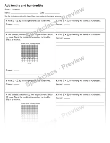 Add tenths and hundredths — Homework — Grade 4 worksheet preview