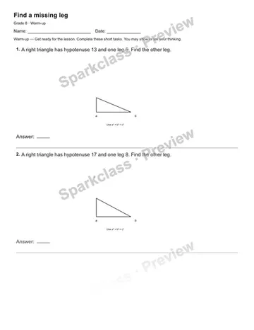 Find a missing leg — Warm-up — Grade 8 worksheet preview