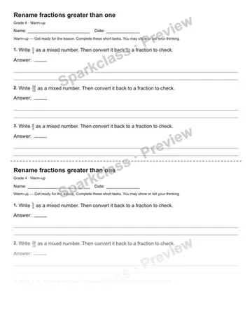 Rename fractions greater than one — Warm-up — Grade 4 worksheet preview