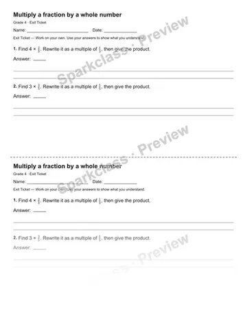 Multiply a fraction by a whole number — Exit Ticket — Grade 4 worksheet preview