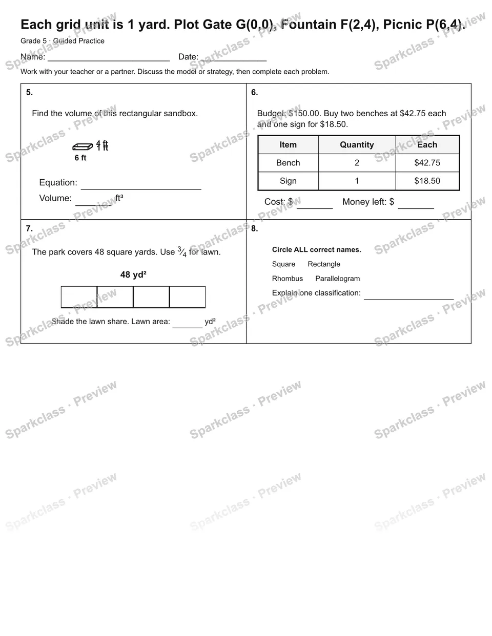 Each grid unit is 1 yard. Plot Gate G(0,0), Fountain F(2,4), Picnic P(6,4). — Guided Practice — page 2