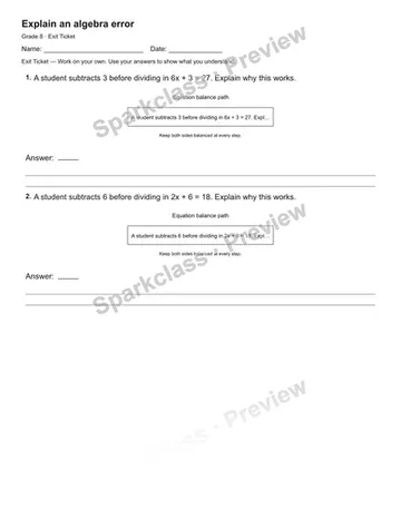 Explain an algebra error — Exit Ticket — Grade 8 worksheet preview