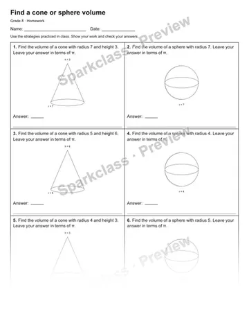Find a cone or sphere volume — Homework — Grade 8 worksheet preview