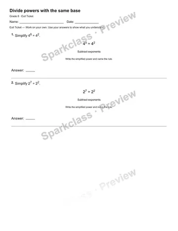 Divide powers with the same base — Exit Ticket — Grade 8 worksheet preview