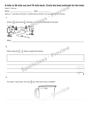 A hike is 58 mile out and 78 mile back. Circle the best estimate for the total. — Warm-up — Grade 5 worksheet preview