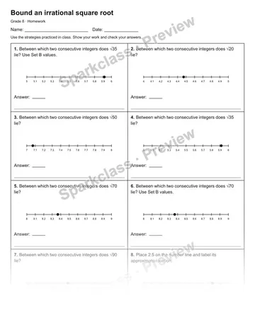 Bound an irrational square root — Homework — Grade 8 worksheet preview