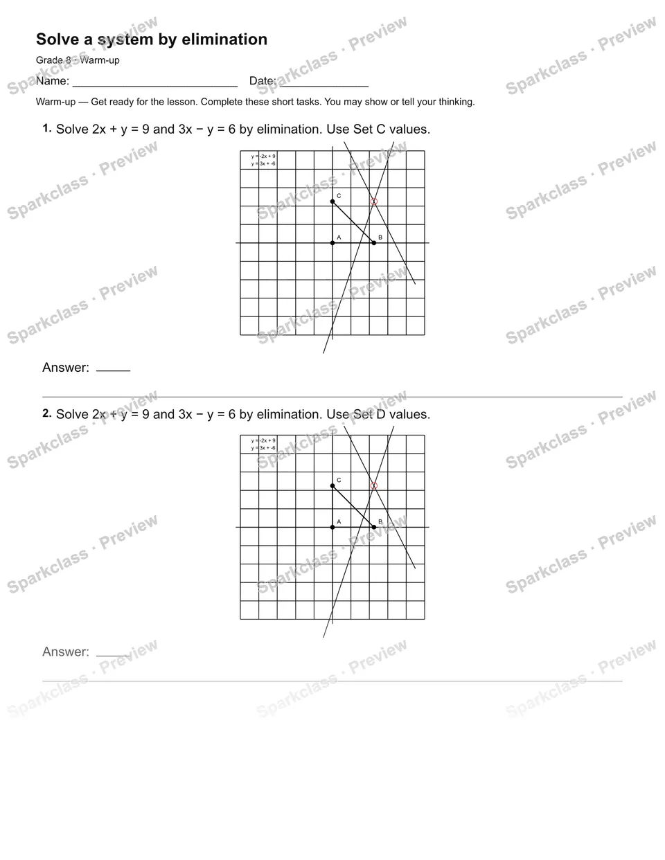 Solve a system by elimination — Warm-up — page 1