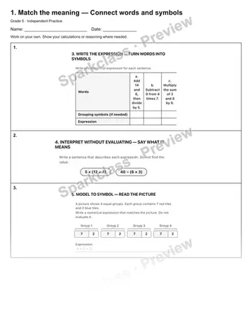 1. Match the meaning — Connect words and symbols — Independent Practice — Grade 5 worksheet preview