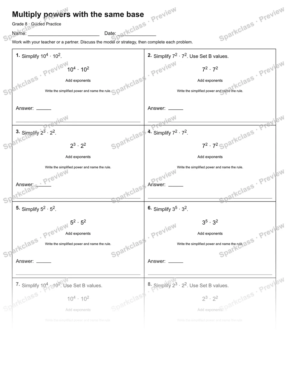 Multiply powers with the same base — Guided Practice — page 1