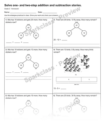 Solve one- and two-step addition and subtraction stories. — Homework — Grade 2 worksheet preview