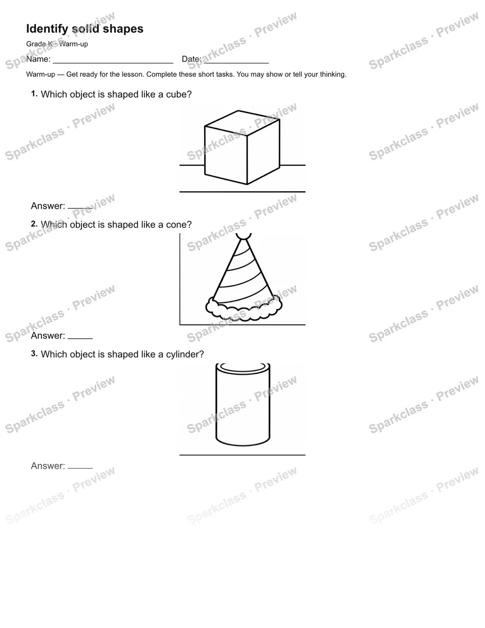 Identify solid shapes — Warm-up — page 1