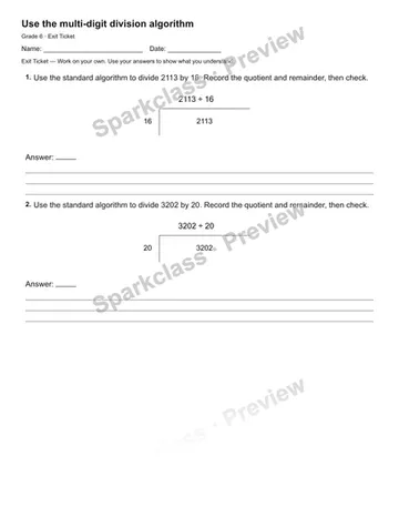 Use the multi-digit division algorithm — Exit Ticket — Grade 6 worksheet preview