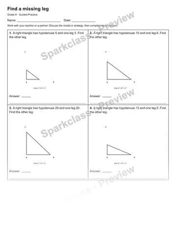 Find a missing leg — Guided Practice — Grade 8 worksheet preview