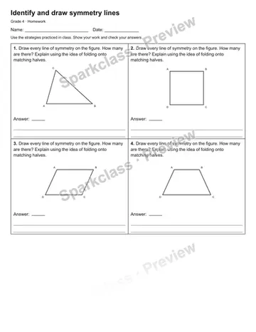 Identify and draw symmetry lines — Homework — Grade 4 worksheet preview