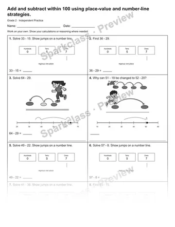 Add and subtract within 100 using place-value and number-line strategies. — Independent Practice — Grade 2 worksheet preview