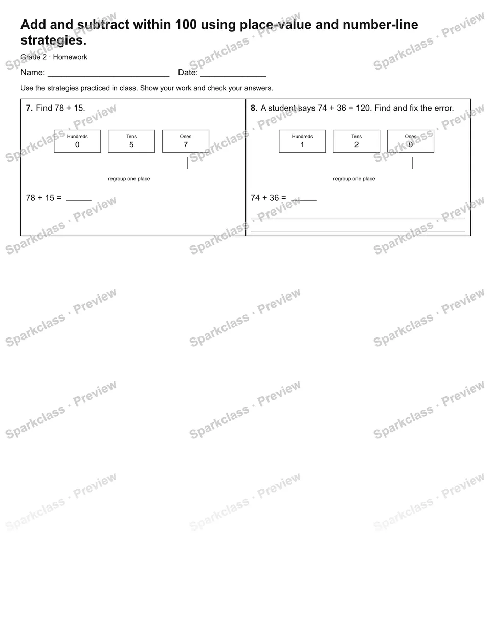 Add and subtract within 100 using place-value and number-line strategies. — Homework — page 2