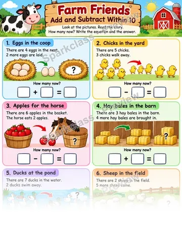 Add and Subtract Within 10 · Farm Friends — Kindergarten worksheet preview