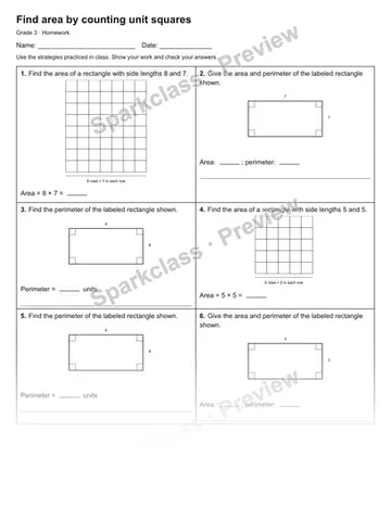 Find area by counting unit squares — Homework — Grade 3 worksheet preview
