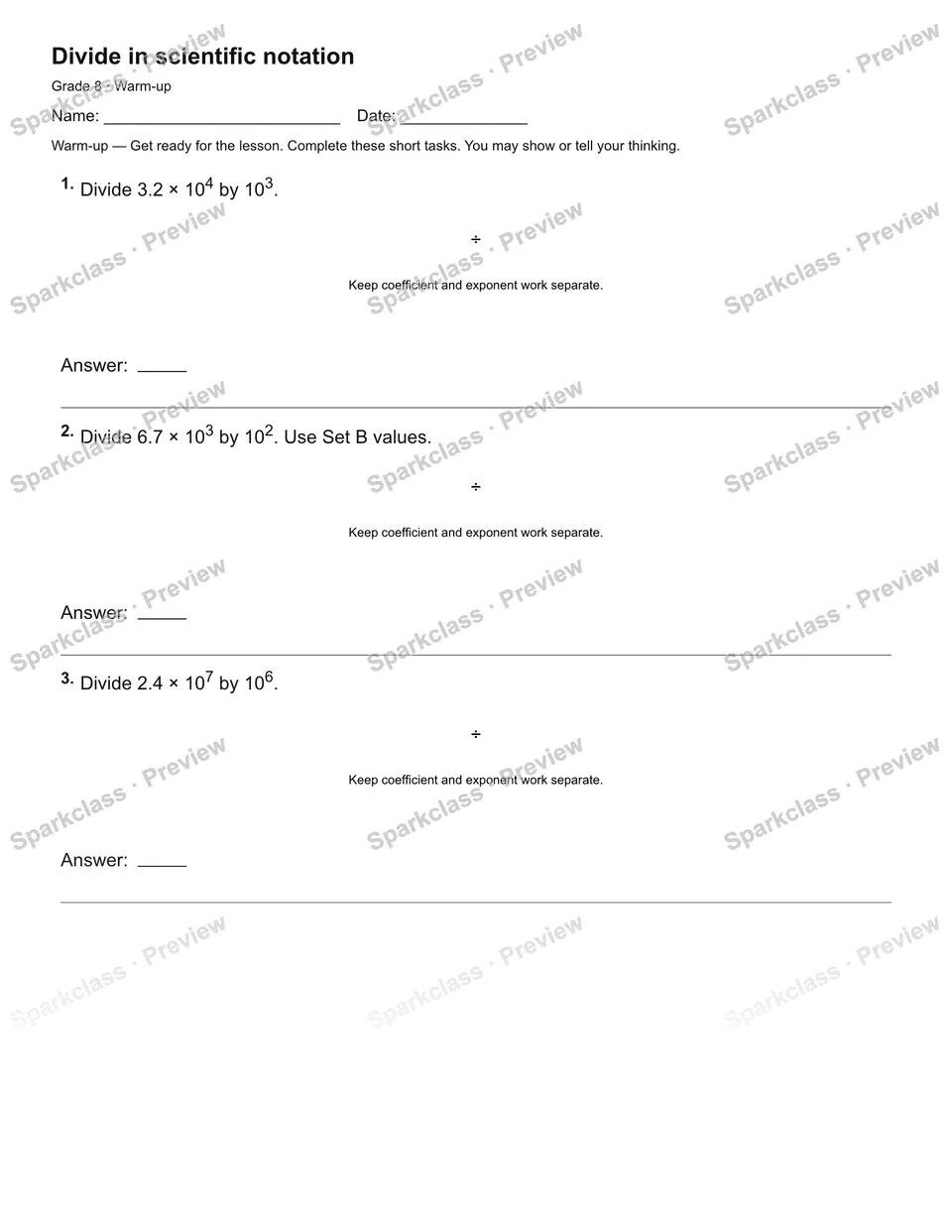 Divide in scientific notation — Warm-up — page 1