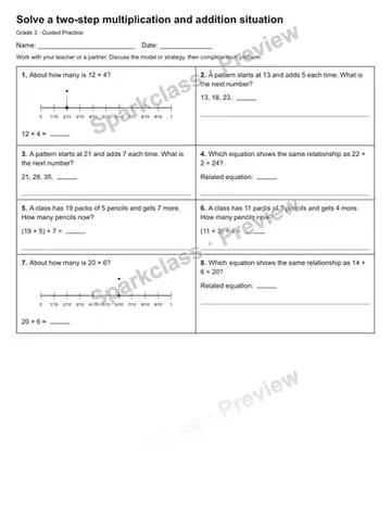 Solve a two-step multiplication and addition situation — Guided Practice — Grade 3 worksheet preview