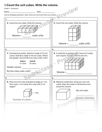 1.Count the unit cubes. Write the volume. — Homework — Grade 5 worksheet preview