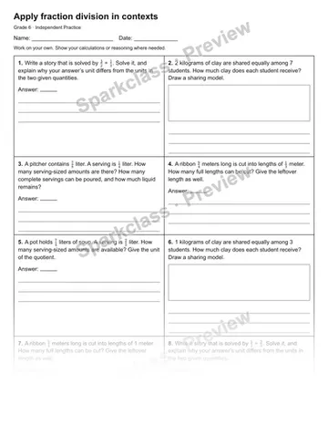 Apply fraction division in contexts — Independent Practice — Grade 6 worksheet preview