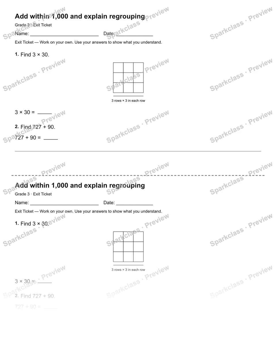 Add within 1,000 and explain regrouping — Exit Ticket — page 1