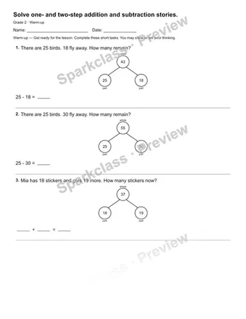 Solve one- and two-step addition and subtraction stories. — Warm-up — Grade 2 worksheet preview