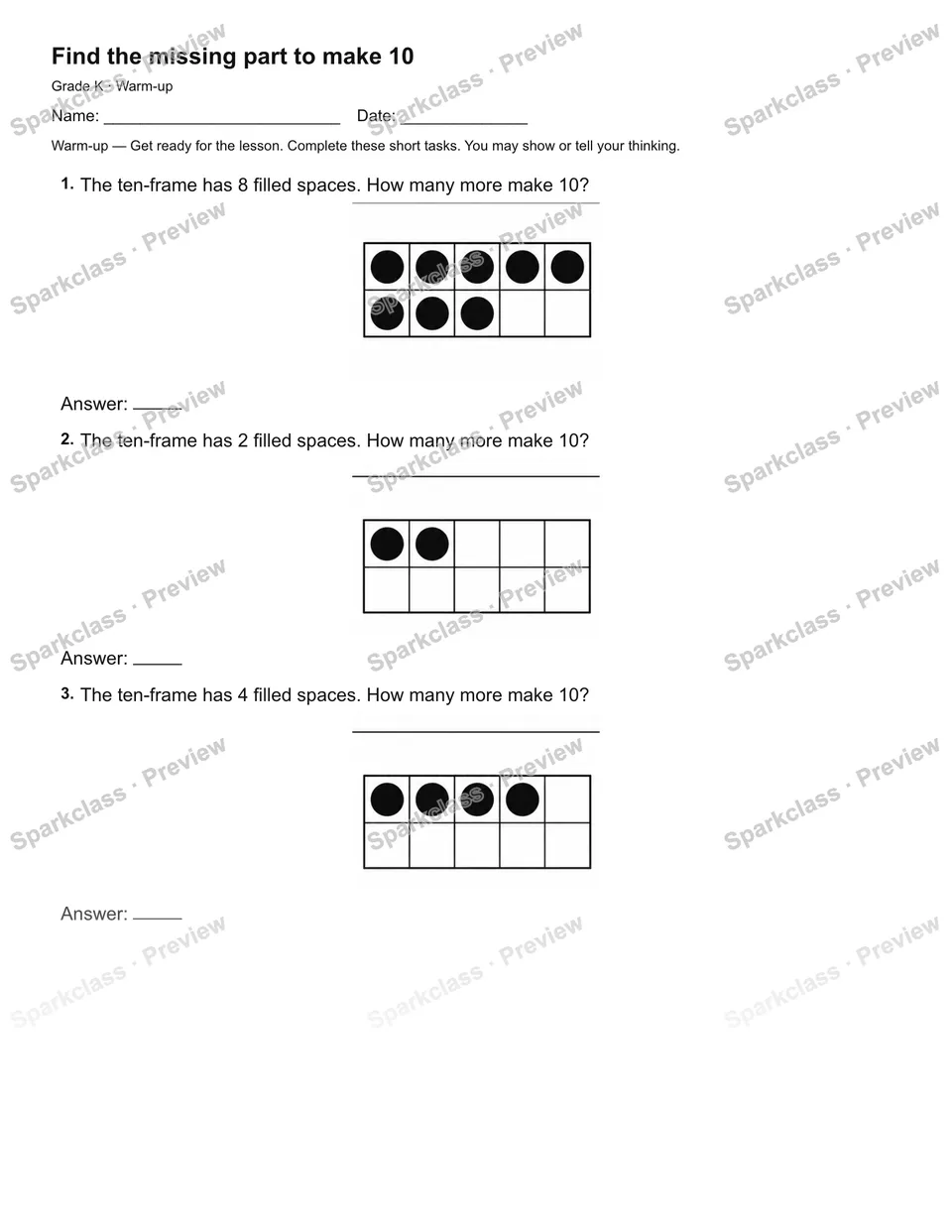 Find the missing part to make 10 — Warm-up — page 1