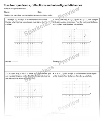 Use four quadrants, reflections and axis-aligned distances — Independent Practice — Grade 6 worksheet preview