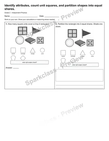 Identify attributes, count unit squares, and partition shapes into equal shares. — Independent Practice — Grade 2 worksheet preview