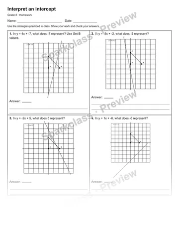 Interpret an intercept — Homework — Grade 8 worksheet preview