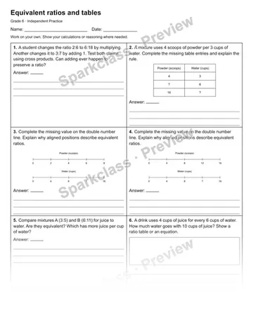 Equivalent ratios and tables — Independent Practice — Grade 6 worksheet preview