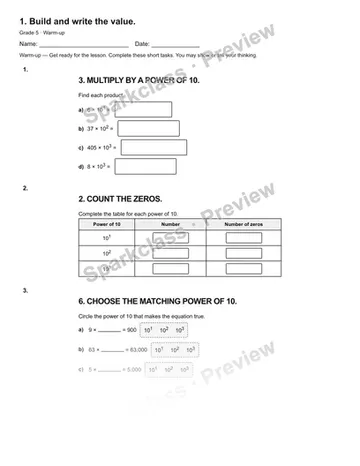 1. Build and write the value. — Warm-up — Grade 5 worksheet preview