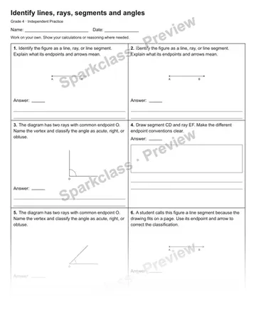 Identify lines, rays, segments and angles — Independent Practice — Grade 4 worksheet preview