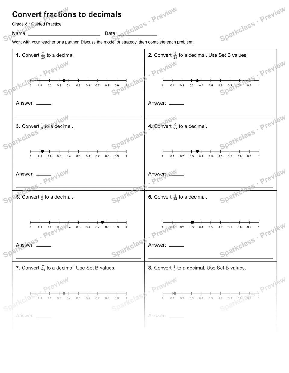 Convert fractions to decimals — Guided Practice — page 1