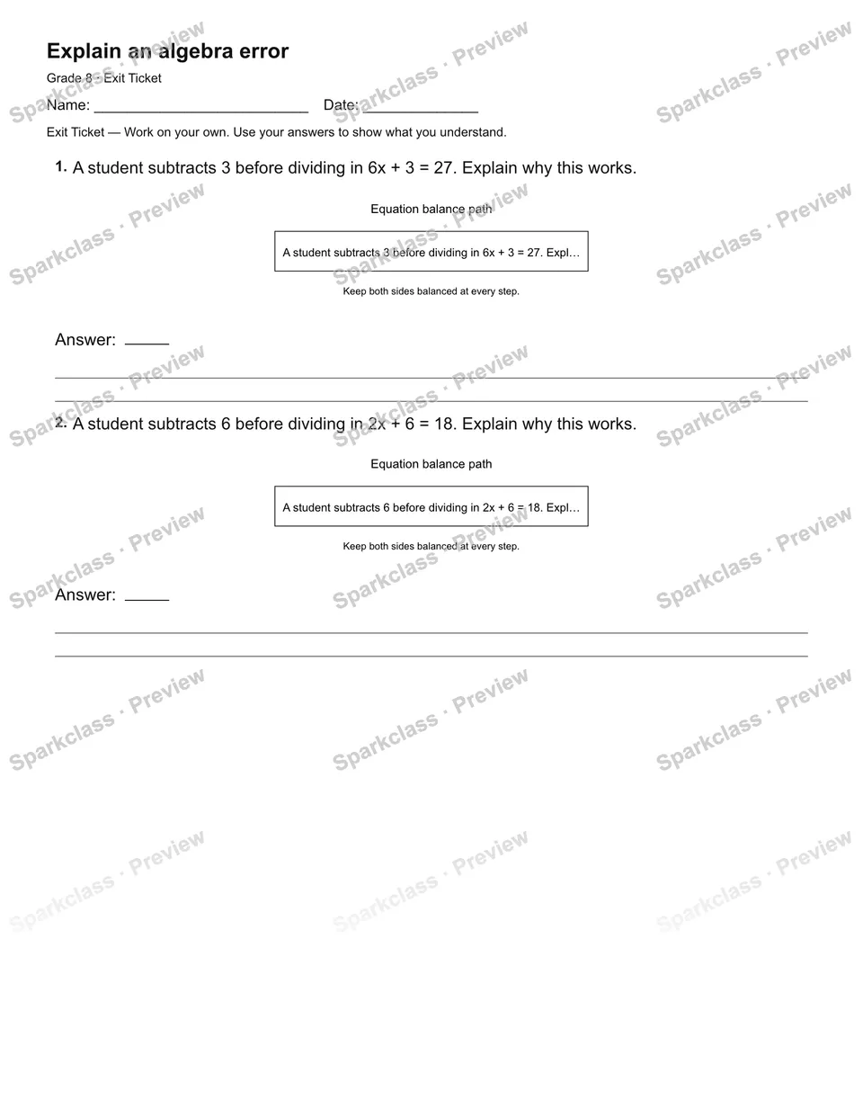 Explain an algebra error — Exit Ticket — page 1