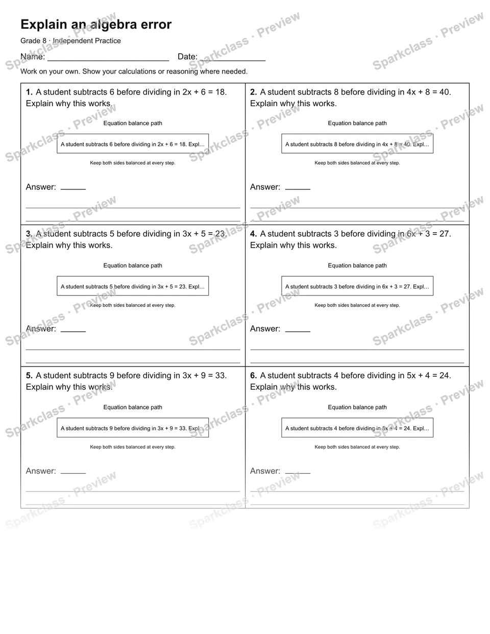 Explain an algebra error — Independent Practice — page 1
