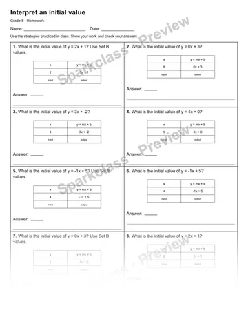 Interpret an initial value — Homework — Grade 8 worksheet preview
