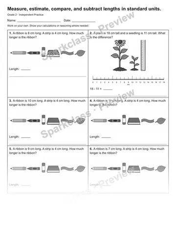 Measure, estimate, compare, and subtract lengths in standard units. — Independent Practice — Grade 2 worksheet preview
